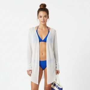 Colleen Lopez White Sheer Open Front Swim Suit Cover Up L